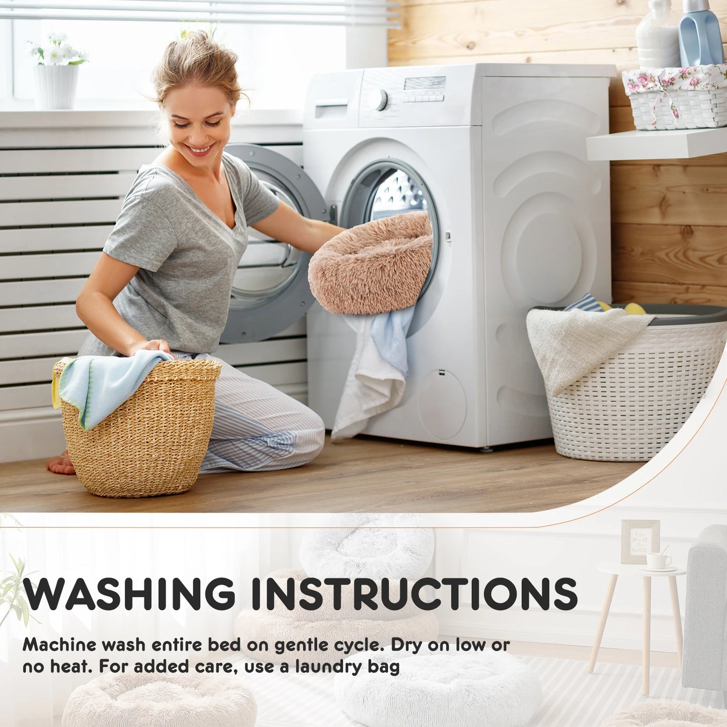 Washable Large Pet Bed Anti-Slip Round Fluffy Plush Faux Fur Dog Bed