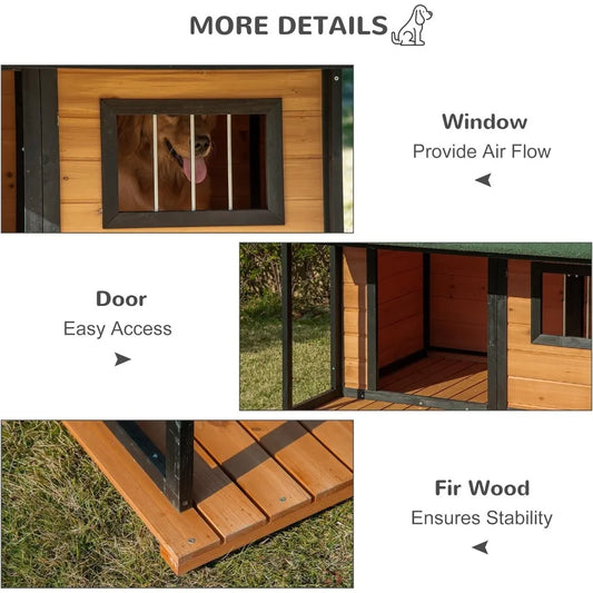 Outdoor Cabin Style, Wooden Raised Pet Kennel with Asphalt Roof, Front Door, Side Window, Porch for Medium/Large