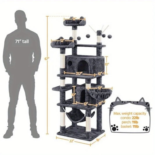 67 inch multi-storey cat tower with apartment, hammock, 3 leather balls