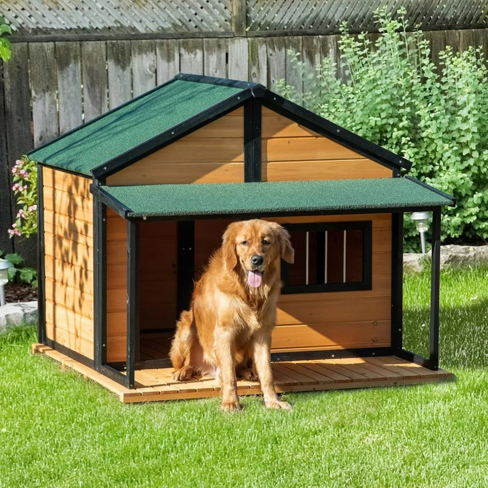 Outdoor Cabin Style, Wooden Raised Pet Kennel with Asphalt Roof, Front Door, Side Window, Porch for Medium/Large