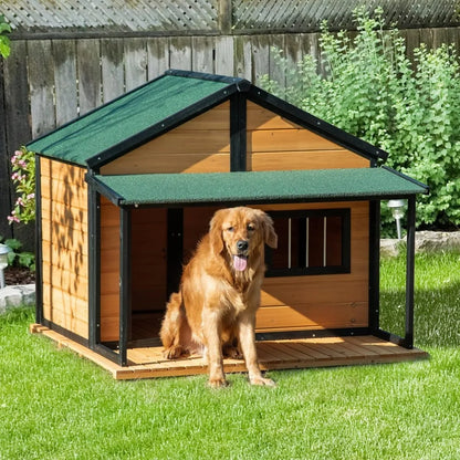 Outdoor Cabin Style, Wooden Raised Pet Kennel with Asphalt Roof, Front Door, Side Window, Porch for Medium/Large