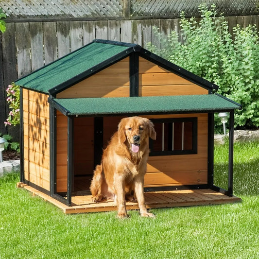 Outdoor Cabin Style, Wooden Raised Pet Kennel with Asphalt Roof, Front Door, Side Window, Porch for Medium/Large