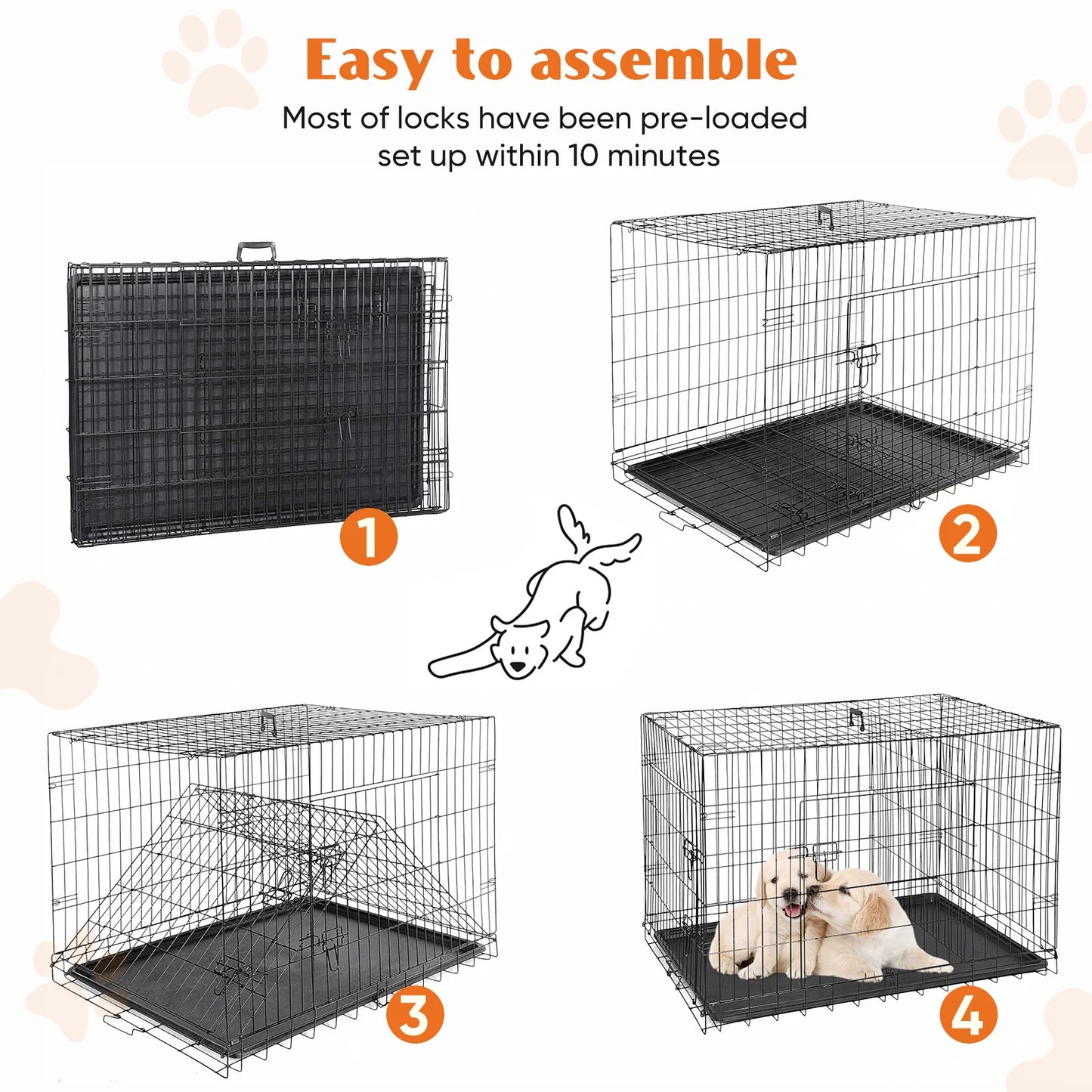 JHK Double Door Folding Extra Large Metal Wire Pet Cage with Plastic Leak-Proof Pan Tray