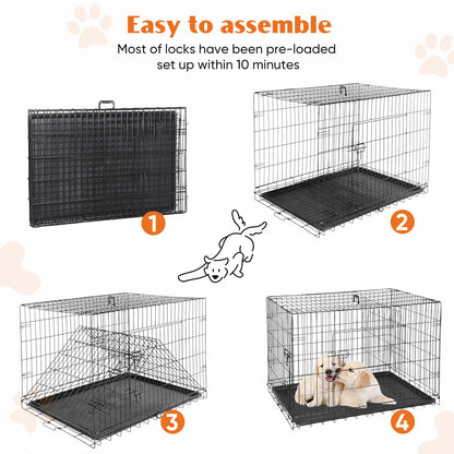 JHK Double Door Folding Extra Large Metal Wire Pet Cage with Plastic Leak-Proof Pan Tray