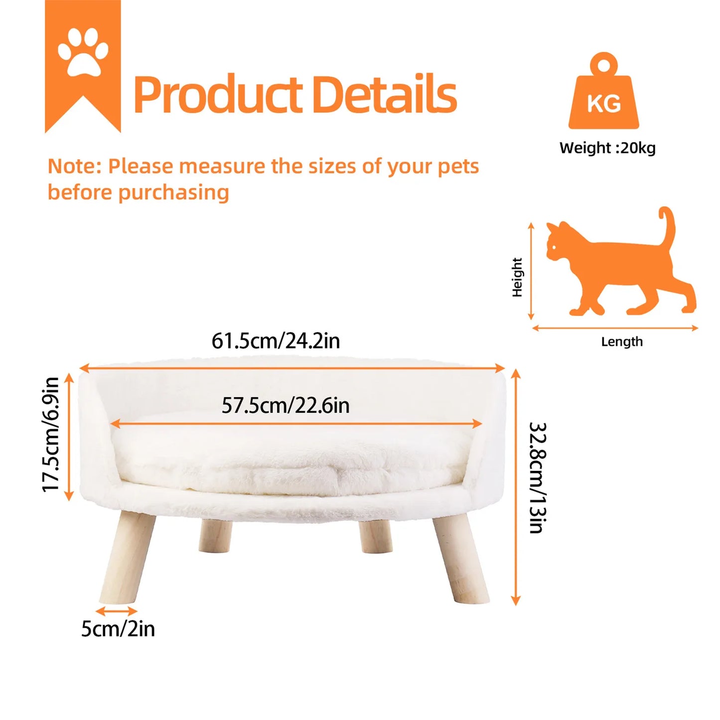 Raised Cat, Small Dog Couch Bed Removable Cushion