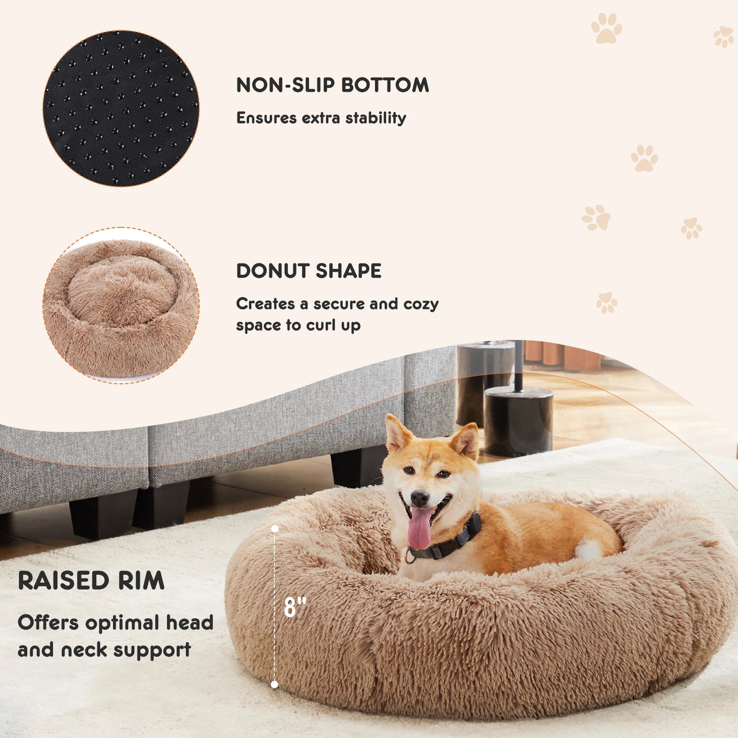 Washable Large Pet Bed Anti-Slip Round Fluffy Plush Faux Fur Dog Bed
