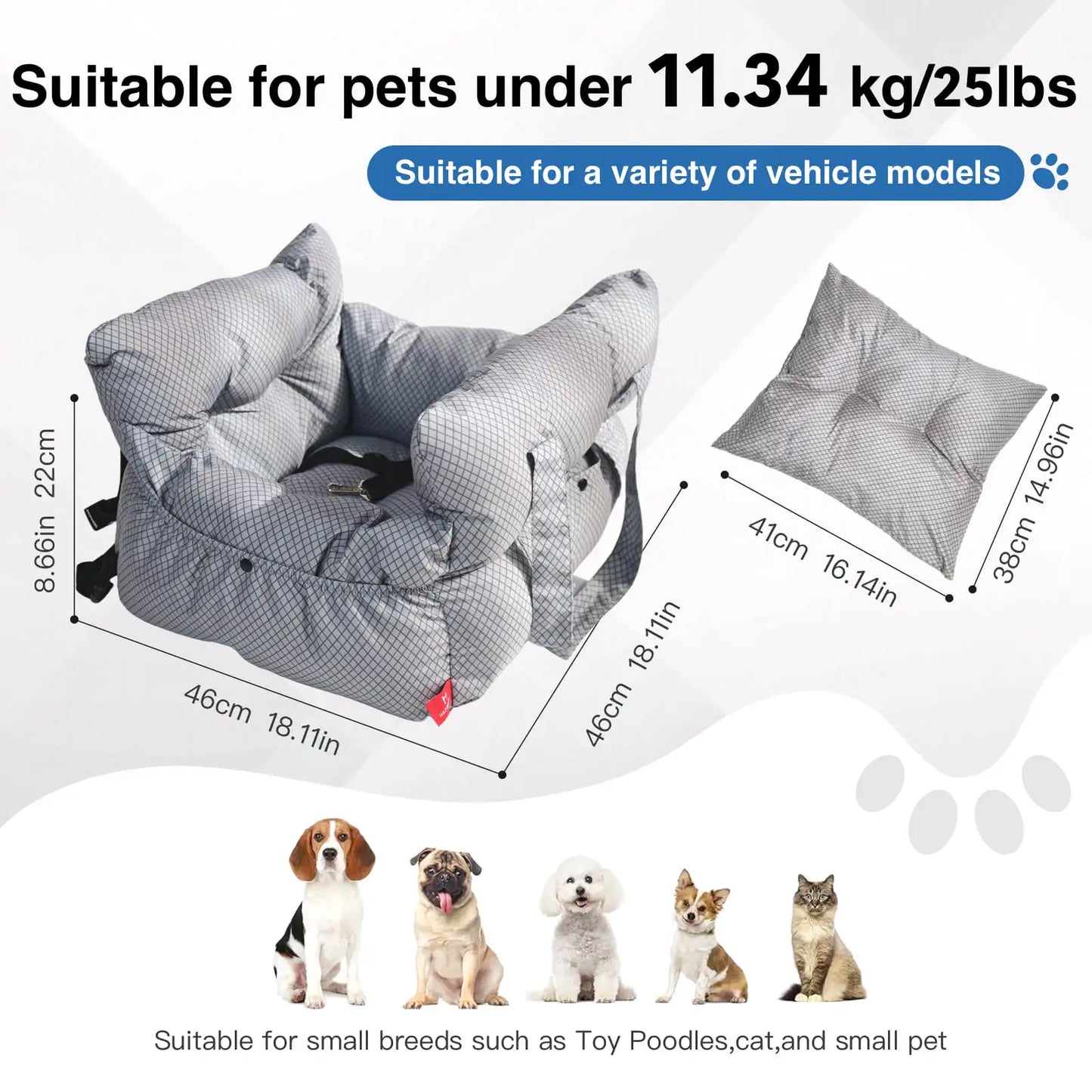 Detachable, Pet Booster Seat with Handles and Safety Belt, Small, Medium Pet