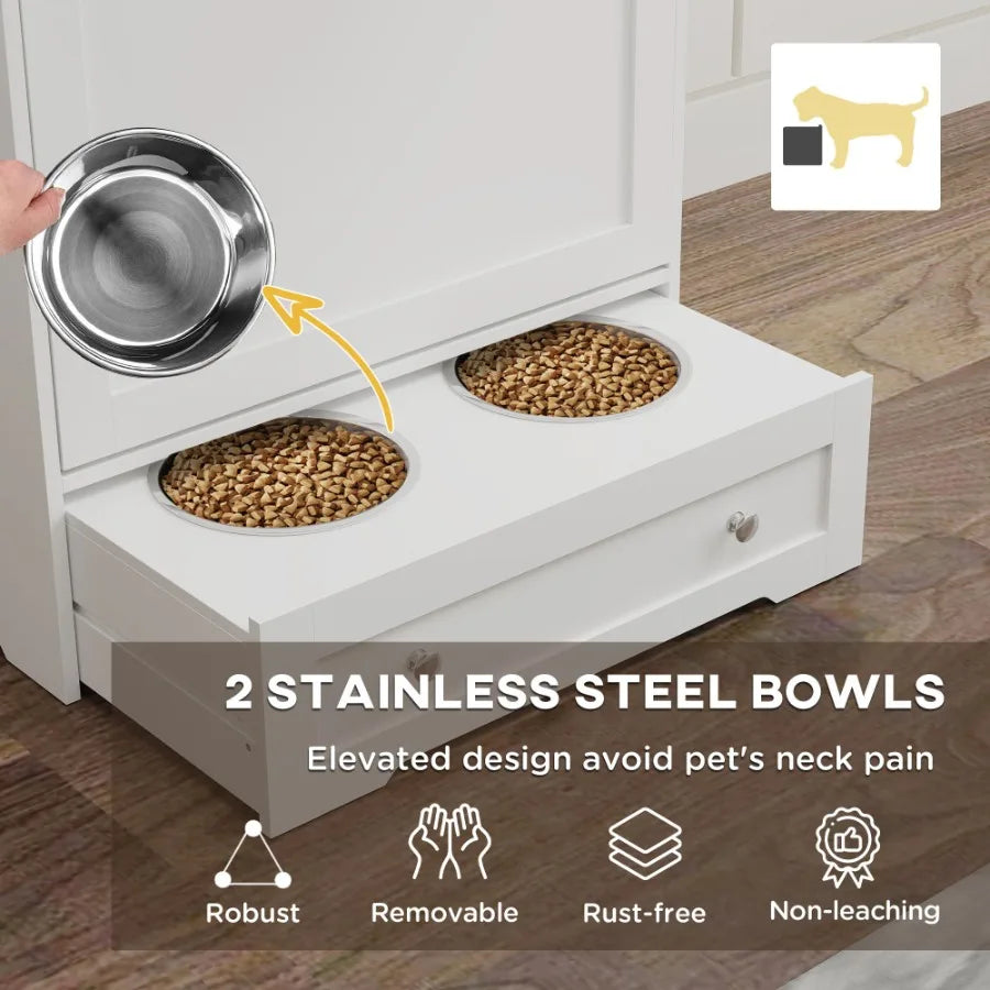 Dog Feeding Station with Two Storage Cabinets 2 Elevated Dog Bowls Side Hooks Antitip Kit