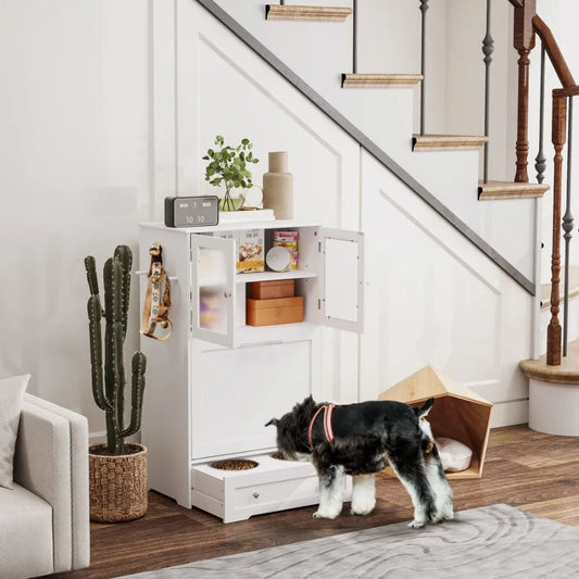 Dog Feeding Station with Two Storage Cabinets 2 Elevated Dog Bowls Side Hooks Antitip Kit