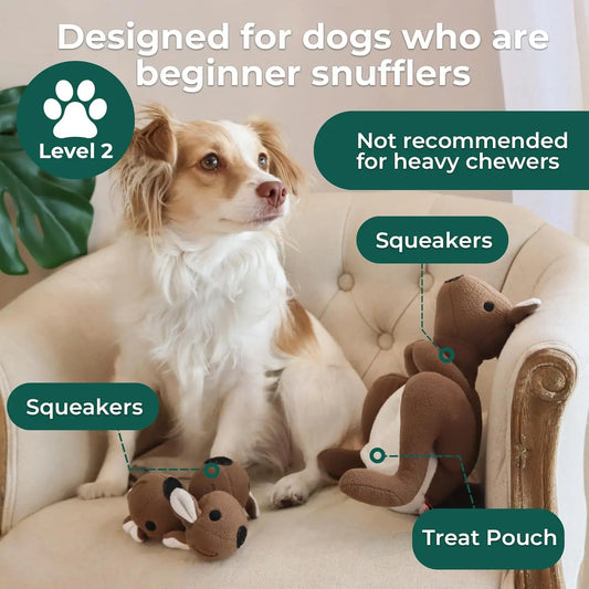 Kangaroo Plush Dog Toy with Squeaker & Treat Pouch  for Small Medium Dogs