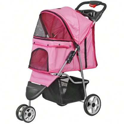 Foldable 3 Wheels Pet Stroller Dog Cat Cage Jogger Stroller with Cup Holder Pink