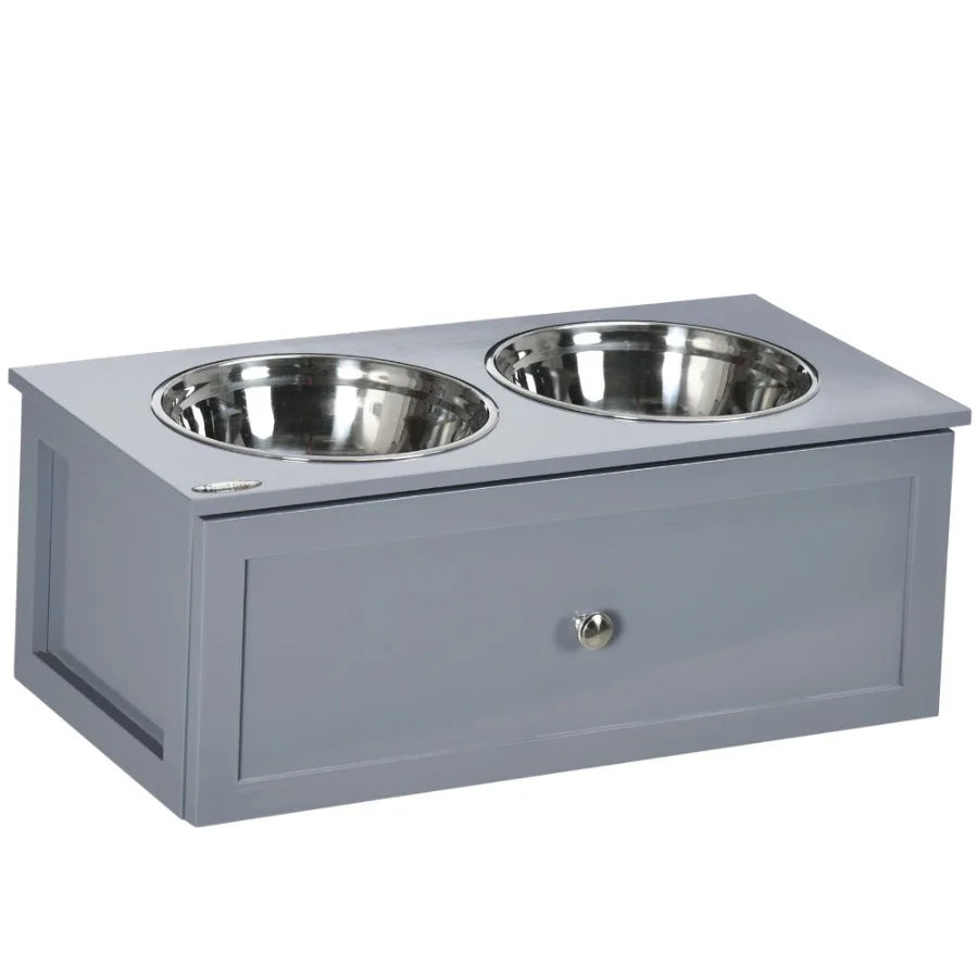 Raised Dog Bowl Stand with 2 Stainless Steel Bowls, Storage for Medium Dogs Indoor