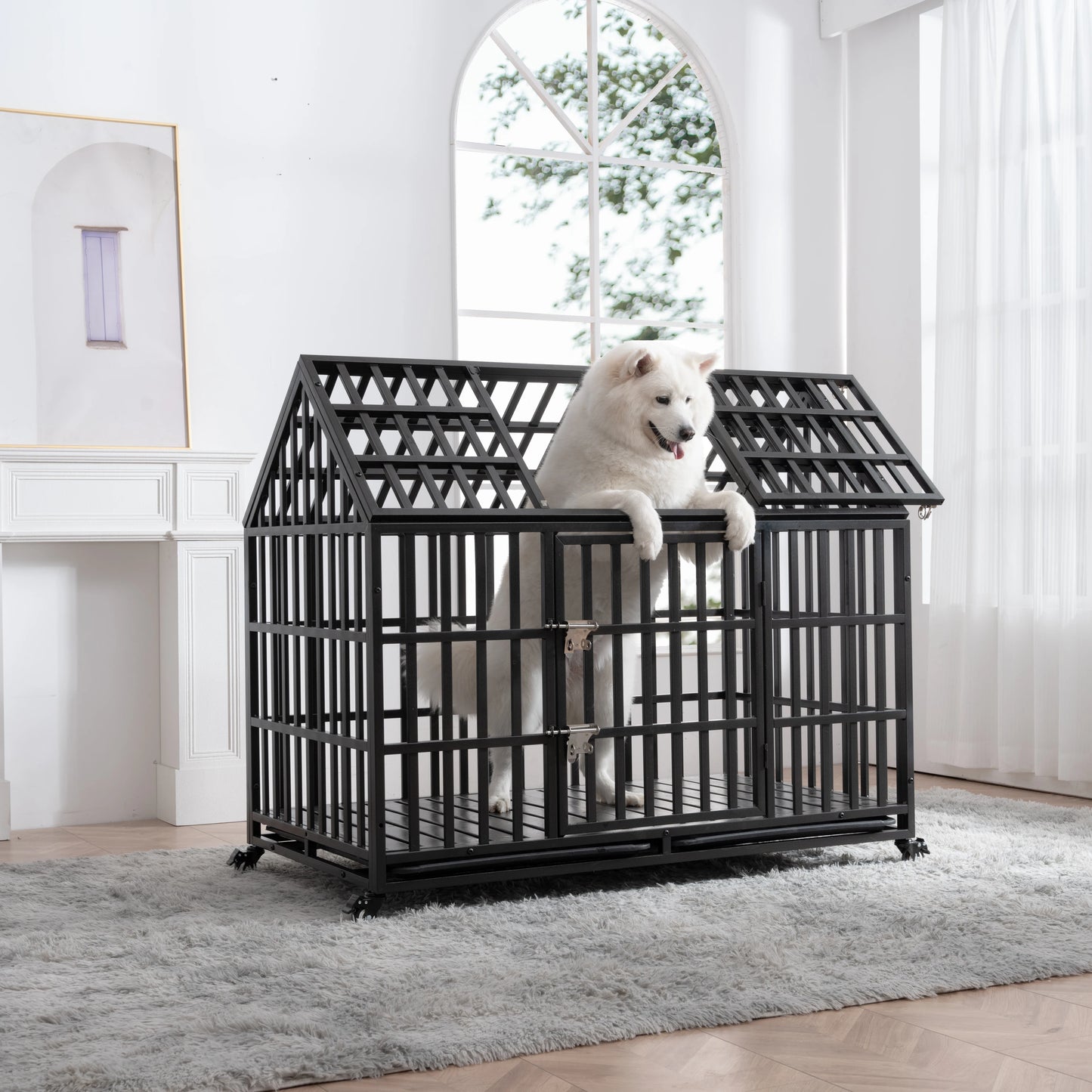 52" Heavy Duty  Large Dog Strong Metal Dog Kennel, 4 Lockable Wheels
