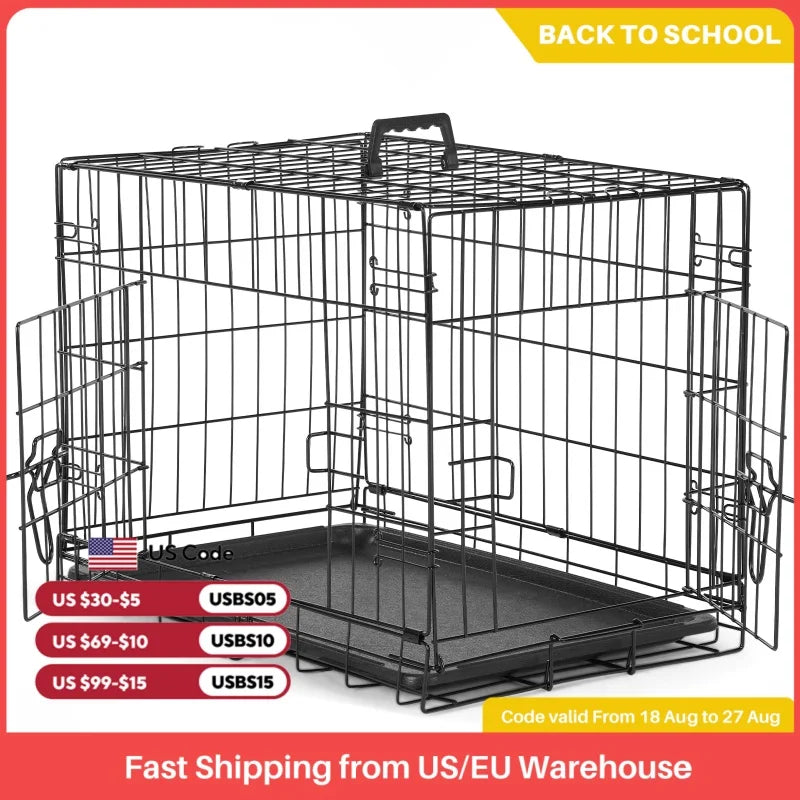 JHK Double Door Folding Extra Large Metal Wire Pet Cage with Plastic Leak-Proof Pan Tray