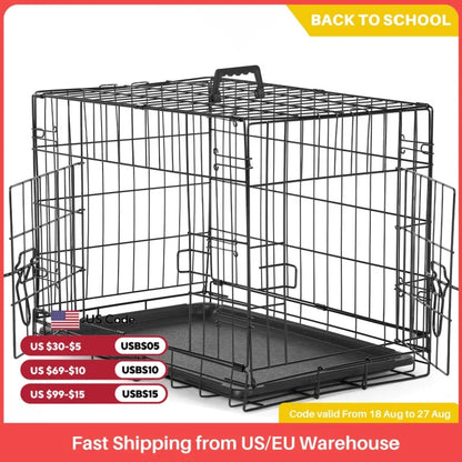 JHK Double Door Folding Extra Large Metal Wire Pet Cage with Plastic Leak-Proof Pan Tray