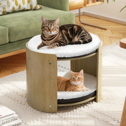 2-Tier Cute Small Cat Tree Tower with Natural Bamboo Frame, Removable Washable Soft Plush Mat