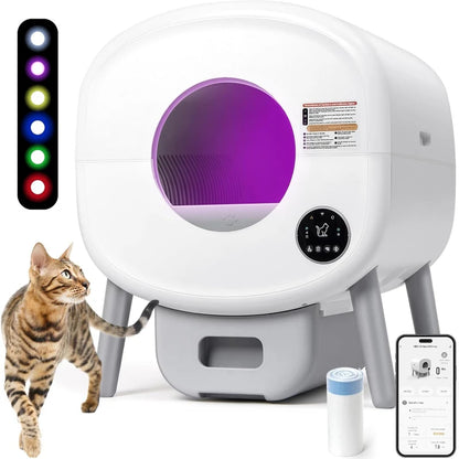 Extra Large Automatic Self Cleaning litter Box, Odor-Free, App-Controlled, Ambient Light Waste Disposal