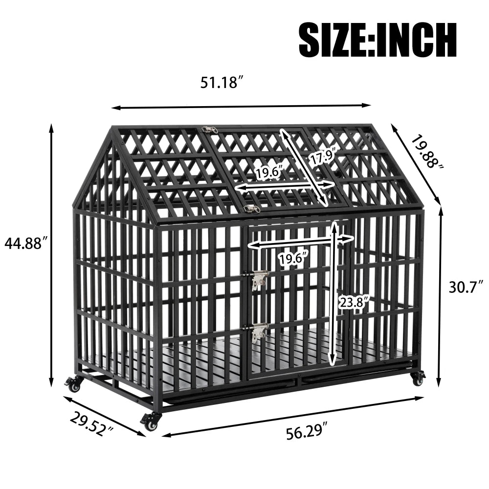 52" Heavy Duty  Large Dog Strong Metal Dog Kennel, 4 Lockable Wheels