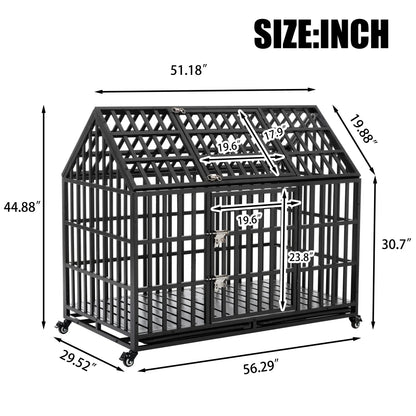 52" Heavy Duty  Large Dog Strong Metal Dog Kennel, 4 Lockable Wheels