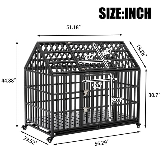 52" Heavy Duty  Large Dog Strong Metal Dog Kennel, 4 Lockable Wheels