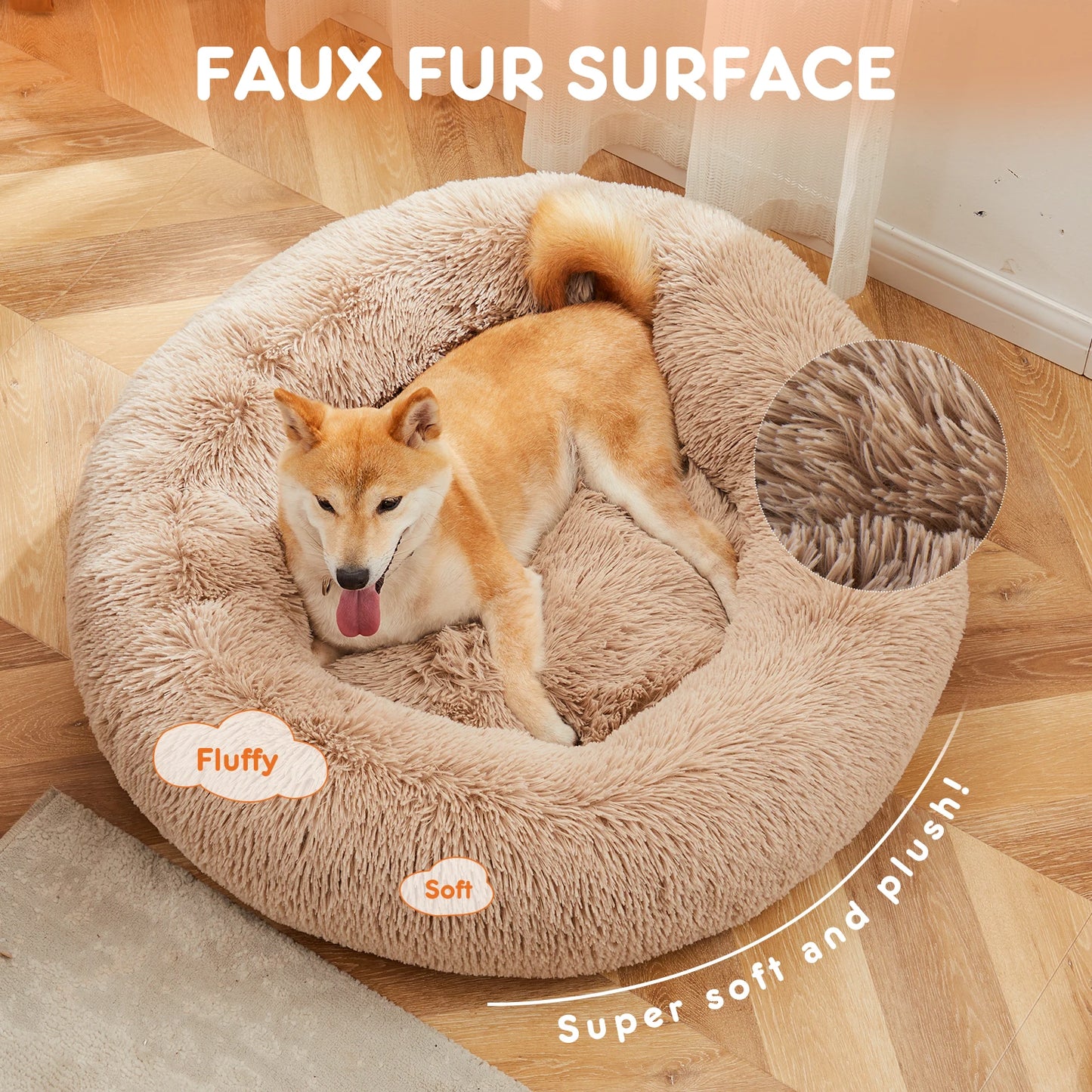 Washable Large Pet Bed Anti-Slip Round Fluffy Plush Faux Fur Dog Bed