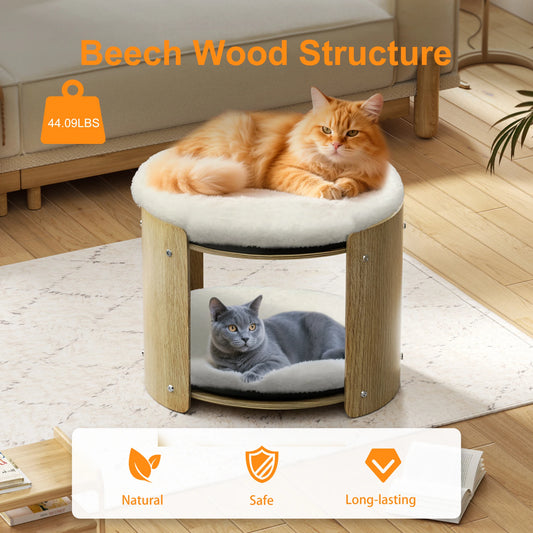 2-Tier Cute Small Cat Tree Tower with Natural Bamboo Frame, Removable Washable Soft Plush Mat