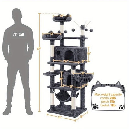 67 inch multi-storey cat tower with apartment, hammock, 3 leather balls