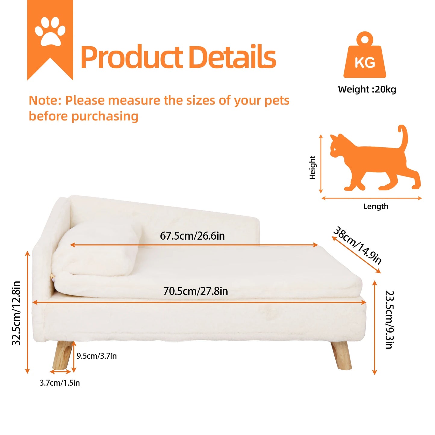 Nordic Cozy Pad Waterproof, Pet Sofa Bed with Sturdy Wood Legs for Small Dog Kitten